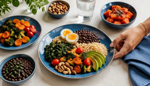 Mesa com alimentos variados e coloridos em ambiente claro e organizado
