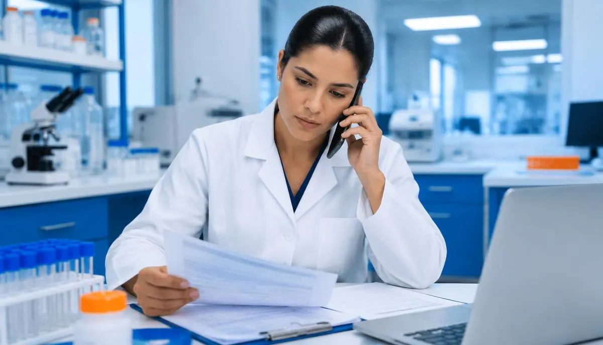 Farmacêutico analisando compatibilidade de substâncias em bancada de laboratório com anotações técnicas