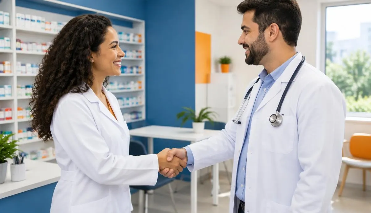 Farmacêutico e profissional prescritor conversando por telefone sobre detalhes técnicos de uma fórmula