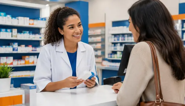 Cliente conversando com farmacêutica no balcão sobre dúvidas relacionadas a uma fórmula manipulada