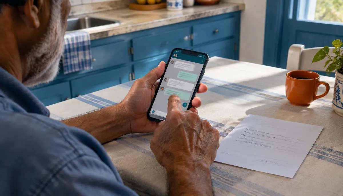 Mão segurando um smartphone exibindo uma conversa de WhatsApp com uma farmácia