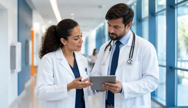 Farmacêutico e médico conversando sobre uma prescrição em ambiente técnico de farmácia de manipulação