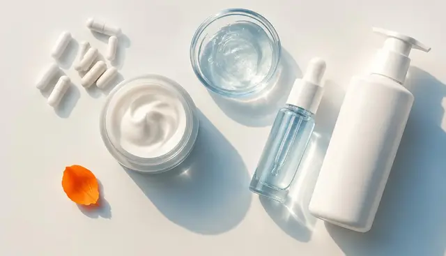Diferentes formas farmacêuticas manipuladas organizadas lado a lado: cápsulas, pote de creme, gel e frasco de loção