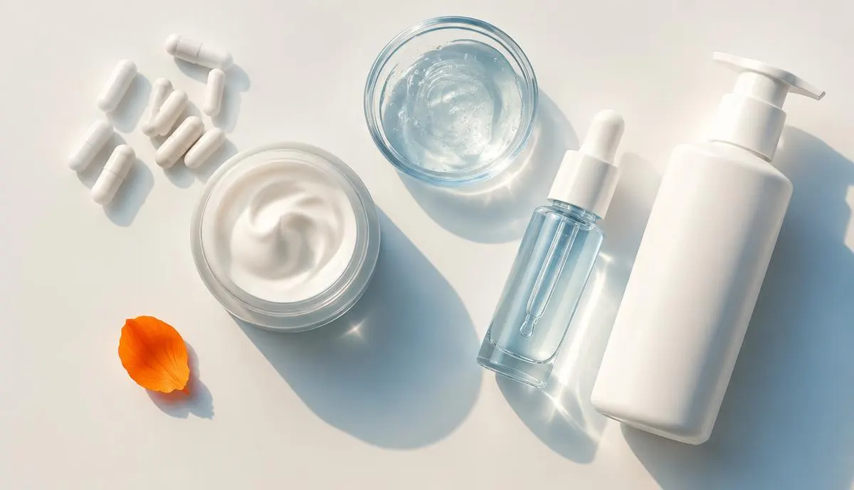 Diferentes formas farmacêuticas manipuladas organizadas lado a lado: cápsulas, pote de creme, gel e frasco de loção
