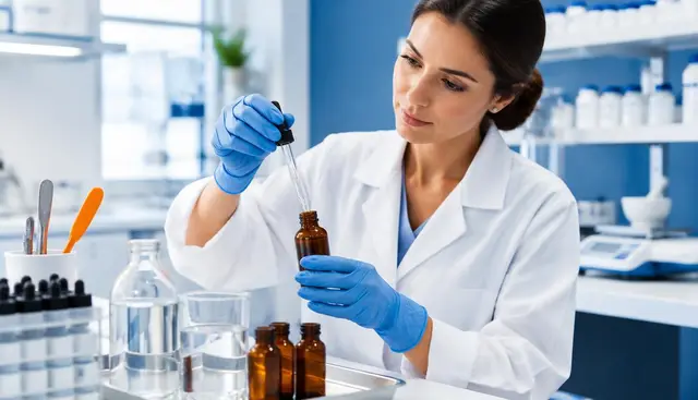 Farmacêutico preparando fórmula capilar em bancada de manipulação