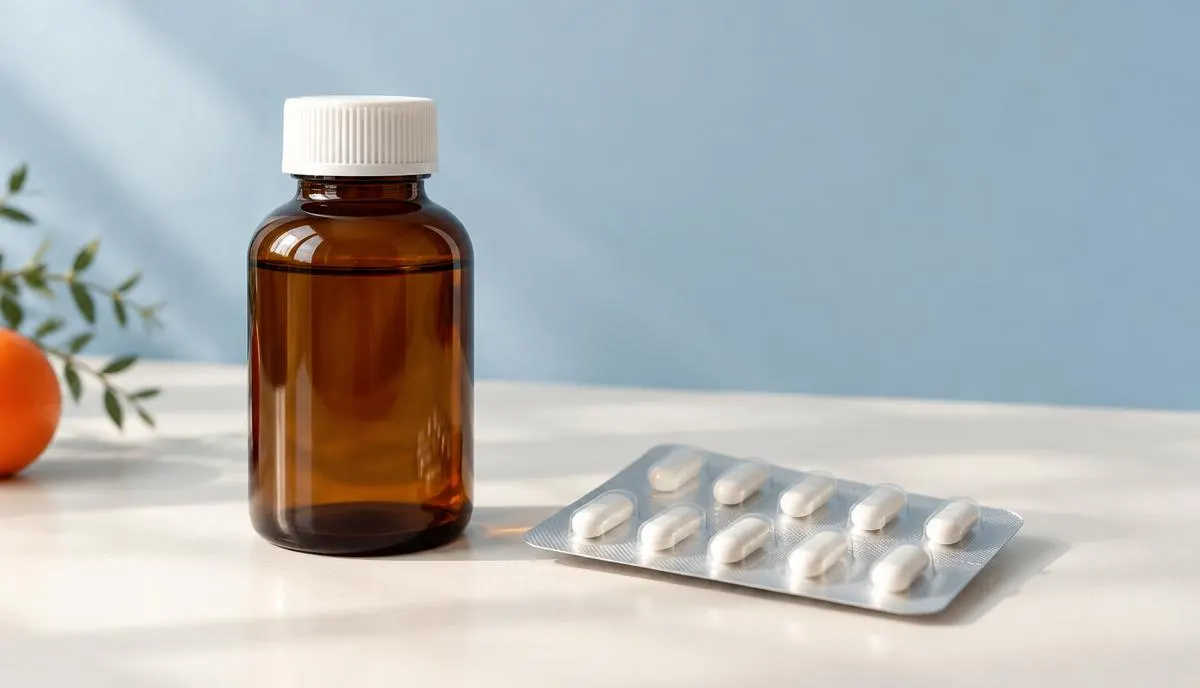 Comparação visual entre frascos de medicamento industrializado e potes de fórmula manipulada organizados em bancada de farmácia