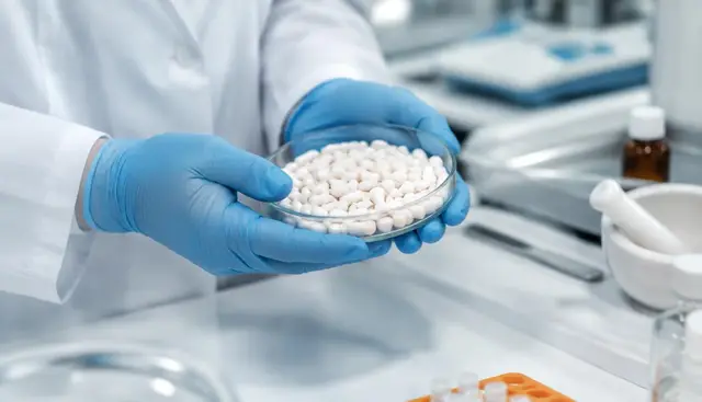 Farmacêutica em ambiente limpo e organizado preparando fórmula manipulada com balança de precisão em bancada de farmácia de manipulação