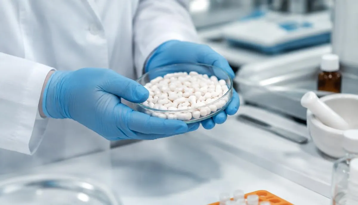 Farmacêutica em ambiente limpo e organizado preparando fórmula manipulada com balança de precisão em bancada de farmácia de manipulação
