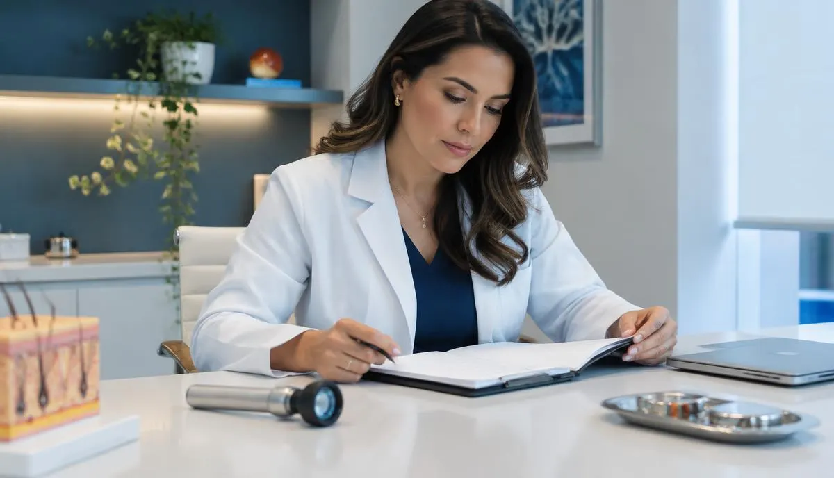 Dermatologista revisando uma prescrição capilar ao lado de amostras de fórmulas manipuladas