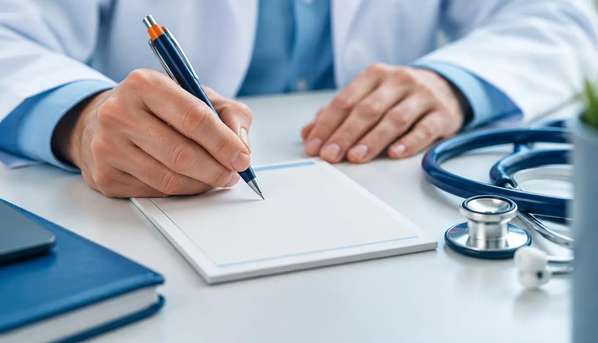 Prescrição médica sobre uma bancada de farmácia de manipulação ao lado de material técnico