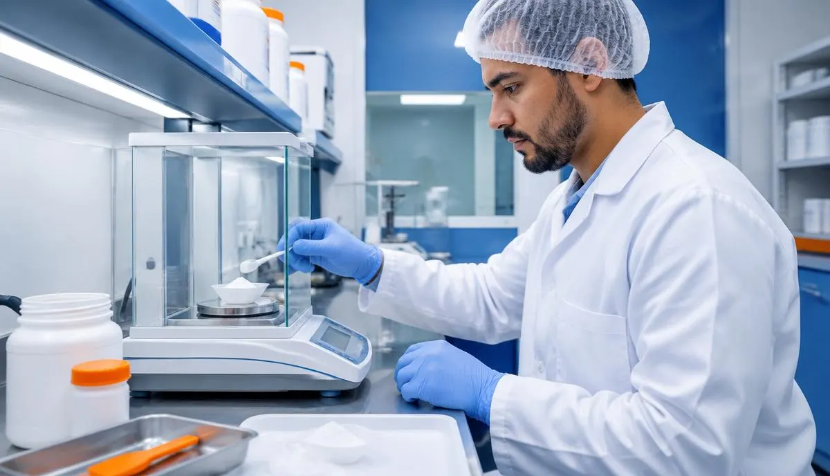 Bancada de farmácia de manipulação com balança de precisão, insumos organizados e farmacêutico conferindo uma fórmula