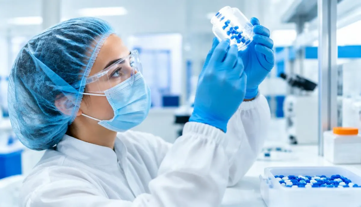 Farmacêutico conferindo insumos e registros de controle de qualidade em laboratório de farmácia de manipulação