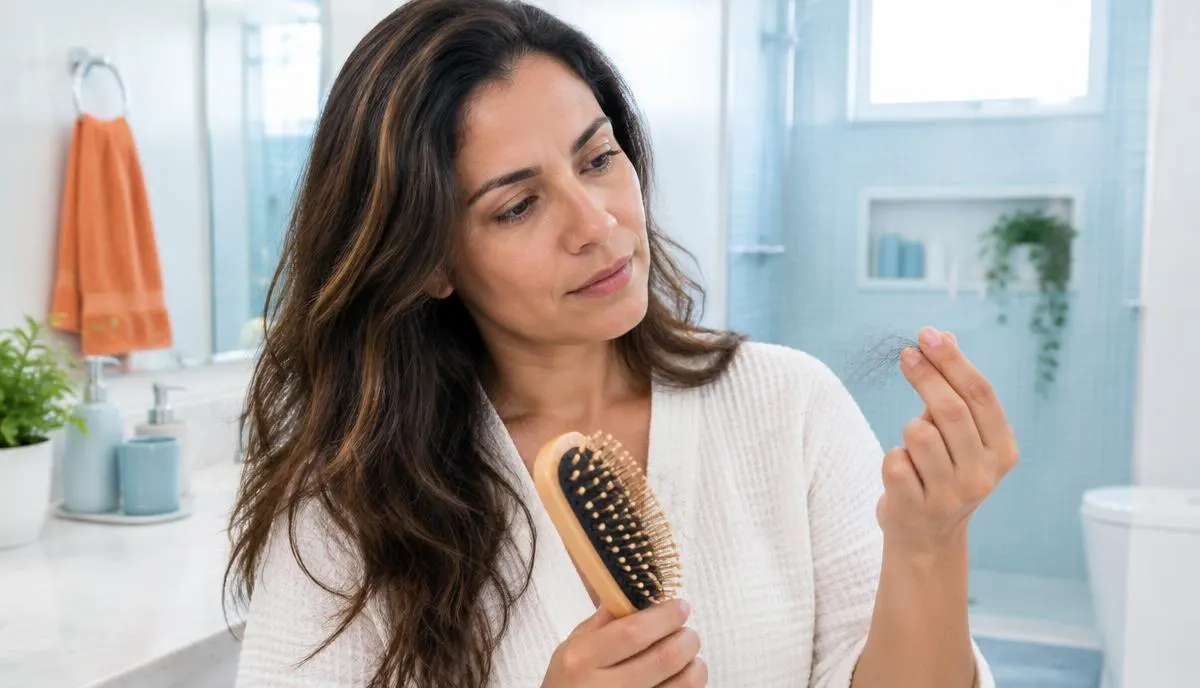 Mulher observando o próprio cabelo diante do espelho em ambiente claro e acolhedor