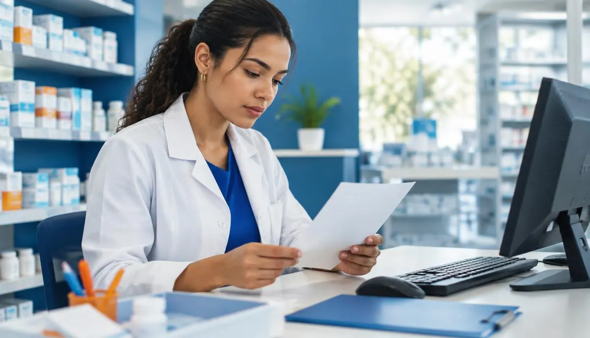 Farmacêutica recebendo e conferindo uma receita médica impressa no balcão de atendimento de uma farmácia de manipulação