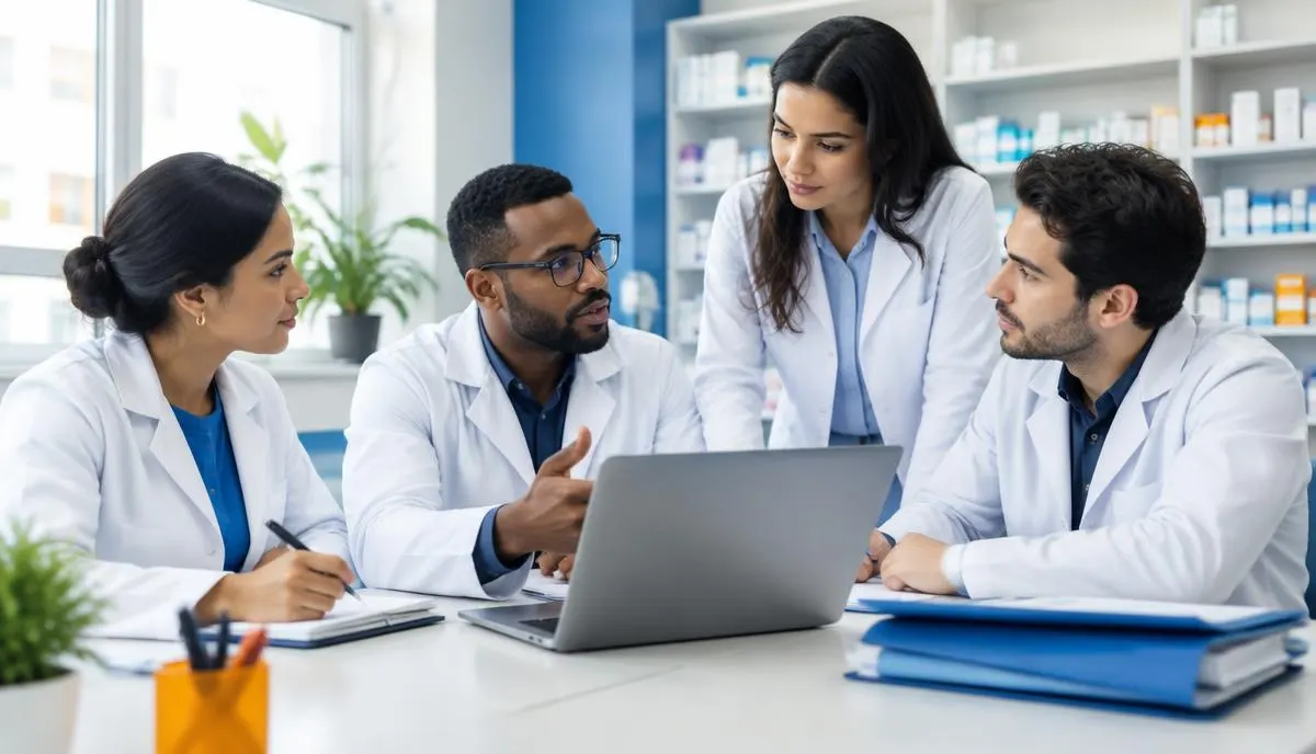 Farmacêutico e médico conversando sobre uma prescrição em um ambiente profissional