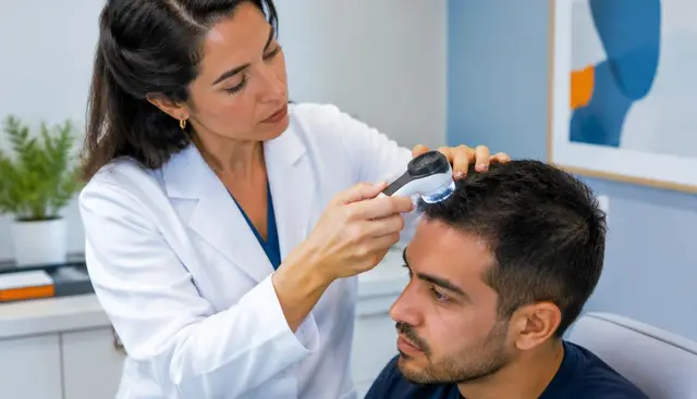 Profissional de saúde conversando com paciente em consultório sobre cuidados capilares