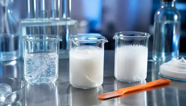 Frascos de loções e séruns capilares manipulados dispostos em uma bancada de laboratório farmacêutico